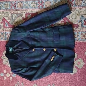 RALPH LAUREN NAVY AND GREEN PLAID BLAZER WITH VELVET COLLAR